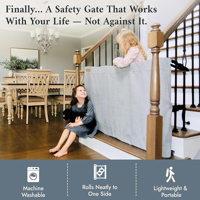 The Stair Barrier First Fabric Banister to Banister Baby Gates for Stairs 42”–52” Wide x 32” Tall– No Drill Baby Gate for Top or Bottom Staircase, Machine-Washable Climb Proof, Designed in USA, Grey