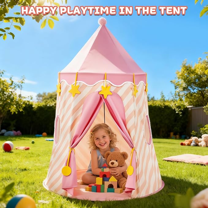 Hallo Deer Kids Play Tent, Princess Castle Pop Up Tent Kids with Star and Window, Portable Toddler Play Tent Indoor Outdoor, Playhouse Indoor Games for Boys & Girls Gifts (Strawberry Pink)
