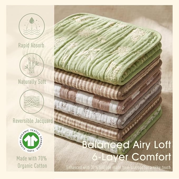 6-Pack Muslin Baby Burp Cloths Made with Organic Cotton – 6-Layer Absorbent & Gentle for Newborn Feeding, Burping – Ultra-Soft, 20x10 Inch Set in Natural Sage