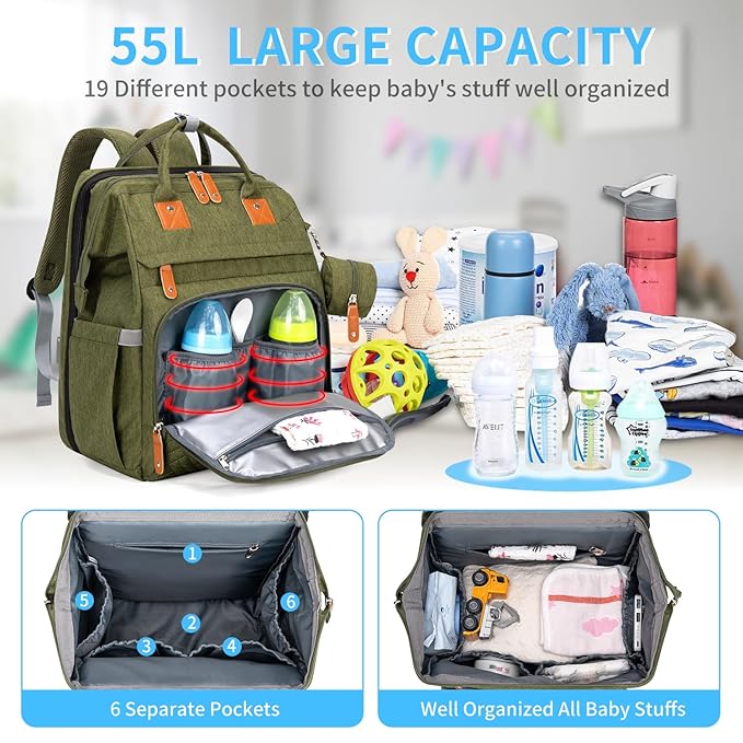 KABAQOO Diaper Bag Backpack with Detachable Changing Station, Large Capacity Baby Diaper Bags for Boys & Girls, Baby Registry Search Stuff & Shower Gifts, Newborn Essentials Must Haves, Army Green