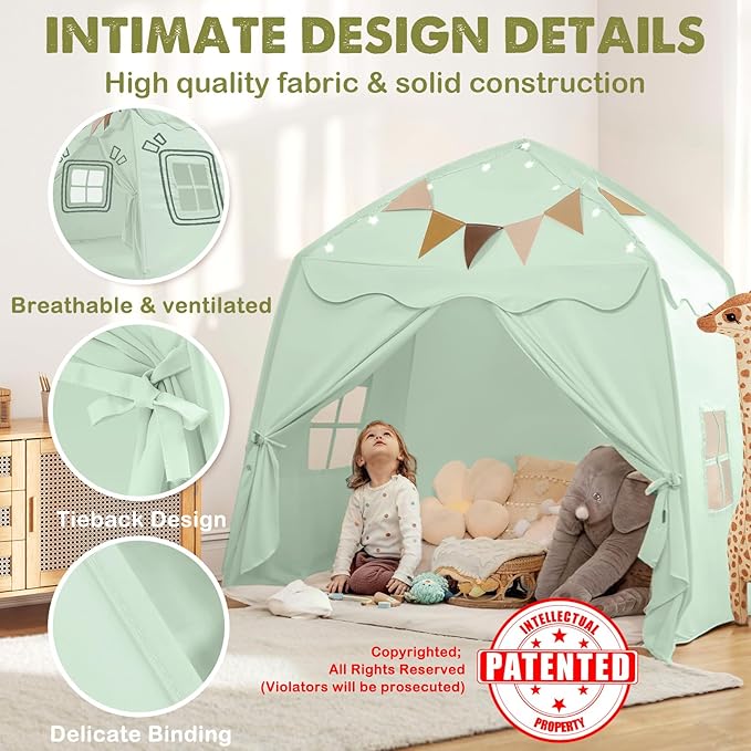 Extra Large Toddler Play Tent & Kids Tent Play Tents with Flags & Star Lights, Portable & Foldable Teepee, Bed Canopy for Boys & Girls, Indoor Outdoor JoyHut Dome Tents Playhouse, 59x39x59 in,Green