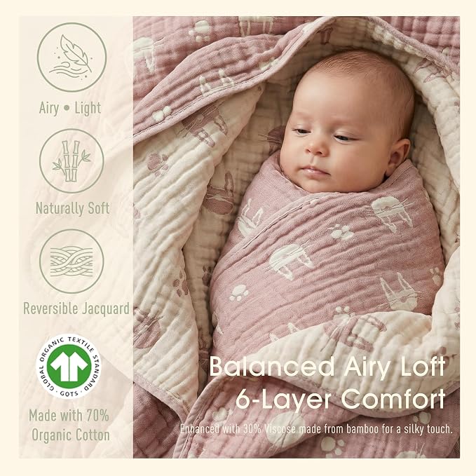 6-Layer Muslin Baby Blanket Made with Organic Cotton - Cute Bunny Rabbit Jacquard Swaddle & Crib Quilt, 43”x 43”,Blush Pink Bunny