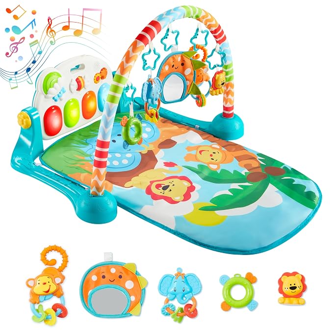 SYNCFUN Baby Play Mat, Tummy Time Mat Toys, Baby Musical Learning Toys 0-6 Months, Adorable Animal-Themed Play Gym with Piano Panel, Newborn Gifts for 0-3 6 9 12 Months