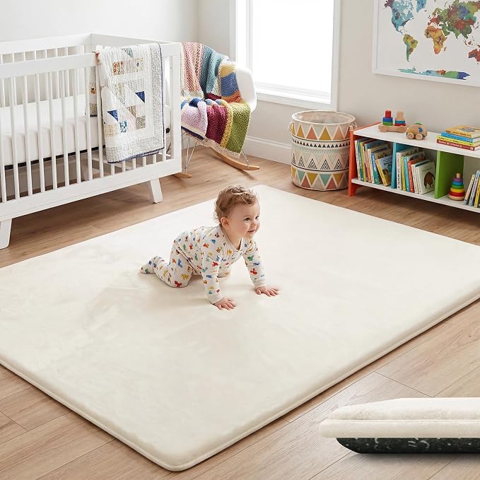 1.5" Thick Baby Play Mat for Floor, 79x79 Playpen Mat, Pro Soft Flannel Foam Mats Toddler Infant Kids Crawling for Nursery Rug Playroom Living Room Waterproof Easy Care Non-Slip (Beige)