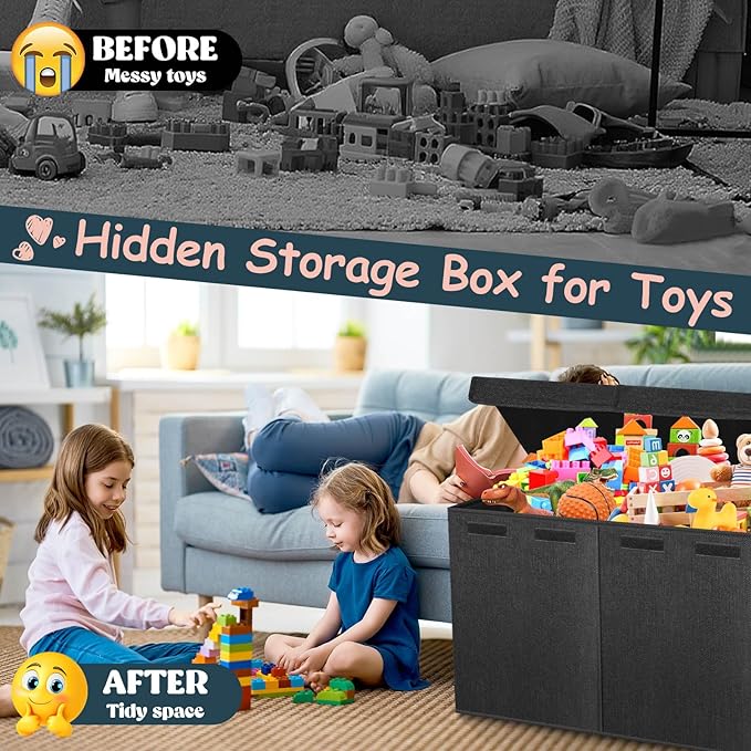 Extra Large Toy Box with Lids - Sturdy Collapsible Kids Storage Organizer Big Bin Chest Basket with Dividers for Boys Girls, Bedroom, Nursery, Living Room, Playroom Organization, 38"x16"x14", Black