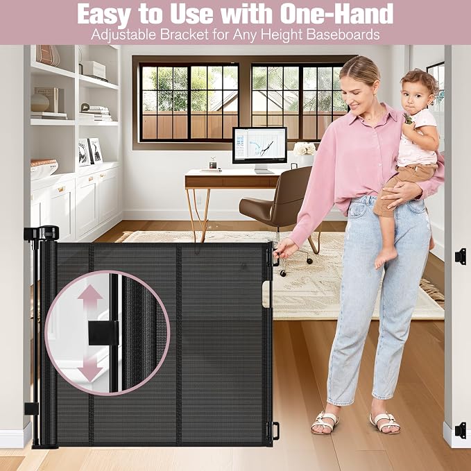 Reinforced 56" Wide Retractable Baby Gates for Doorways with Support Rods - Prevent Crawling Under Retractable Gate, Mesh Pet Gate for Stairs Retractable Dog Gates for The House Indoor/Outdoor, Black
