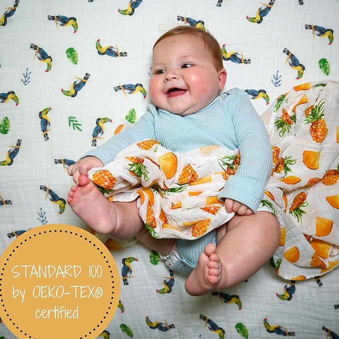 LollyBanks Baby Blanket, 100% Cotton Muslin Swaddle Blankets for Boys and Girls, Large 47 x 47 Inches Baby Swaddle Blanket, Soft and Breathable Baby Receiving Blankets, Registry (Pineapple Print)