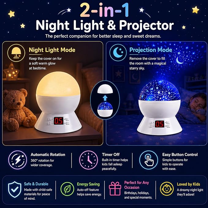 MOKOQI Star Projector Night Light for Kids, Rotating Stars Night Light Projector for Kids Bedroom, Star Projector with Timer, Light Up Stars for Ceiling, Star Machine Gift for Boys Girls Toddlers