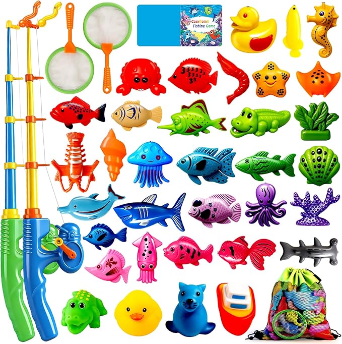CozyBomB??Magnetic Fishing Toys Game Set for Kids | Water Table Bathtub Kiddie Pool Party Pole Rod Net, Outdoor Plastic Floating Fish, Toddler Bath Color Ocean Sea Animals Birthday Gift Age 3-5 6 4-8