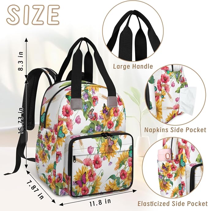 Butterfly Sunflower Flowers Diaper Bag Backpack-Multi-functional mother and baby bag Thermal compartment USB charging port Large capacity Multi-pocket organizer Stroller can be hung Travel shopping