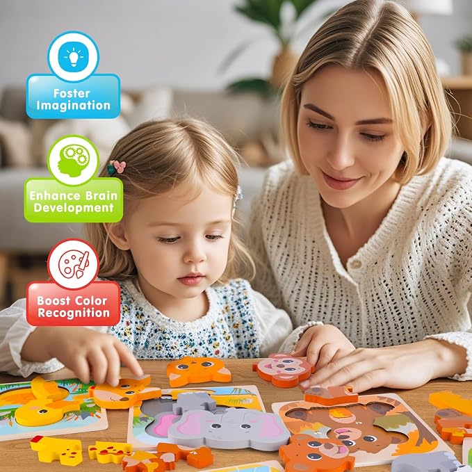 AuntyFey Wooden Puzzle for 1-3 Year Olds, 9 Pcs Baby Animal Montessori Puzzle, Ages 2-4, Learning Educational Toy