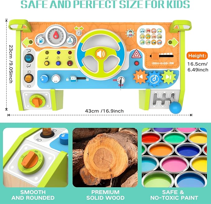 Montessori Busy Board Car Steering Wheel Toy for Toddlers 1-3, Wooden Sensory Activity Board with Light Sound, Educational Toys for Fine Motor Skills, Birthday Gift for Boys Girls