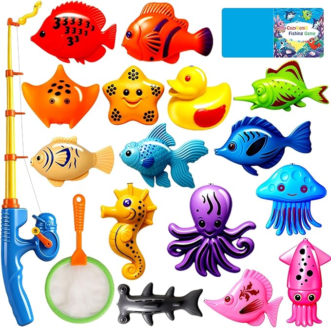 CozyBomB??Magnetic Fishing Toys Game Set for Kids | Water Table Bathtub Kiddie Pool Party Pole Rod Net, Outdoor Plastic Floating Fish, Toddler Bath Color Ocean Sea Animals Birthday Gift Age 3-5 6 4-8