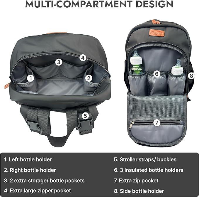 EMBUR Diaper Bag Backpack with Detachable Insulated Cooler ??Waterproof, Lightweight Baby Bag with Multi-Compartments, Stroller Straps, Changing Pad, Large Capacity, Ice Packs Included