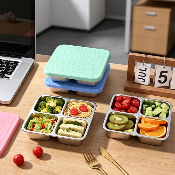 4 Pack Stainless Steel Snack Containers with Silicone Lids, Leakproof Bento Snack Boxes, Reusable 4 Compartment Metal Lunch Containers, Dishwasher Safe Food Storage for Meal Prep, Work & Travel
