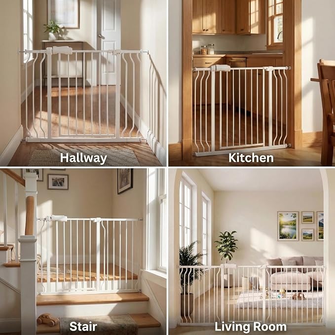 Extra Wide Baby Gate 57.5-62" Dog Gate for Doorways, Pressure Mounted No Drill Safety Gate for Kitchen, Hallways, White/Black Metal Pet Gate for Dogs