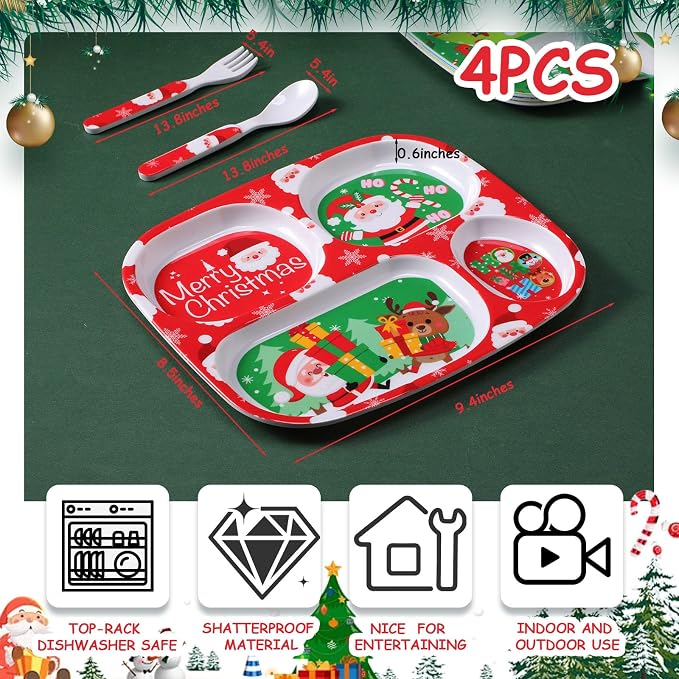 Jinei 4 Set Christmas Divided Dinnerware Set with Fork and Spoon Santa Gingerbread Man Xmas Dinner Plate Snowman Melamine Dinnerware Divided Plates Christmas Baby Feeding Dishes Dishwasher Safe
