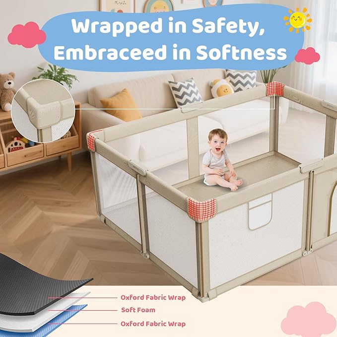 Foldable Baby Playpen: 79??x 71??Super Large Playpen for Babies and Toddlers - Portable Play Pen for Babies with Breathable Mesh & 2 Pulling Handle - Baby Play Yard for Outdoor & Indoor