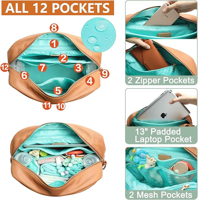 MOMINSIDE Diaper Bag Backpack, 12 Pockets Leather Mini Diaper Bag, Baby Bag Backpack, Baby Registry Search, 4 Insulated Pockets, Changing Pad, Stroller Straps(Brown)