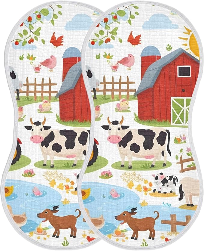 Burbuja Farm Animals Muslin Baby Burp Cloths, Soft & Absorbent Cotton Burping Rags for Newborn Boys & Girls, 2 Pack