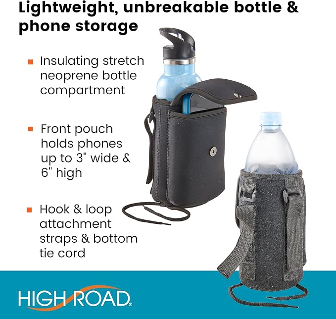 High Road Neoprene Bottle Holder and Phone Pouch for Mobility Equipment and Electric Scooters - Cup Holder for Strollers, Scooters, Rollators and Walkers