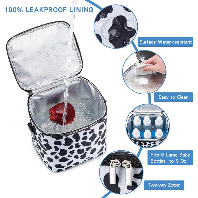 Breastmilk Cooler Bag with Ice Pack Fits 6 Baby Bottles Up to 9 Ounce, Baby Bottle Bag with Shoulder Strap for Nursing Mom Daycare, Cow