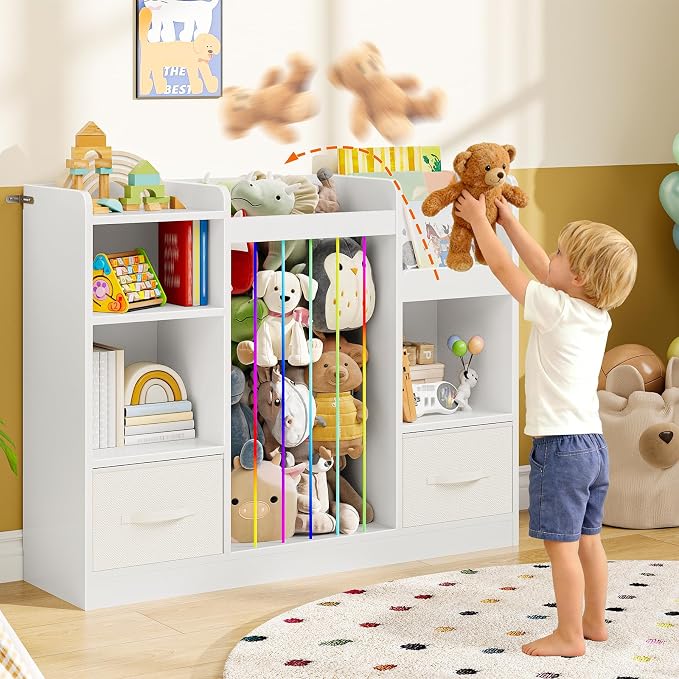 HOOBRO Toy Storage Organizer with Stuffed Animal Storage, 4-in-1 Toy Organizer & Stuffed Animal Zoo with Removable Drawers and 5 Cubes, Book Shelf for Kids Room, Playroom, Nursery, White WT36CW01