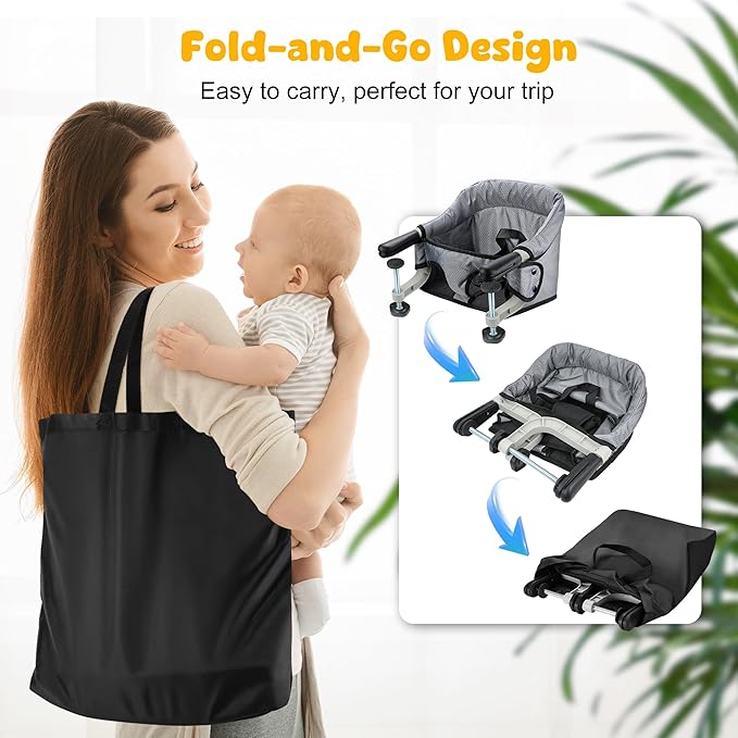 Hook On High Chair with Removable Dining Tray, Portable Travel Baby High Chair, Foldable Clip On Table Seat for 6-36 Months, Anti-Tear Fabric, Lightweight Baby Dining Chair with Carry Baby (Grey)