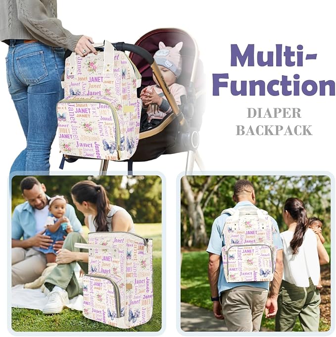 Custom Diaper Bag with Name Personalized Multifunctional Mommy Backpack for Daughter Granddaughter, White Daypack Bag for Travel