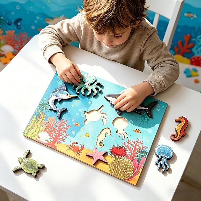 7 Pcs Sea Animals Wooden Pegged Puzzles for Toddlers,Educational Toddler Wooden Puzzles for Shape & Color Recognition,Ideal Baby Puzzles for Underwater Party & Home Decor