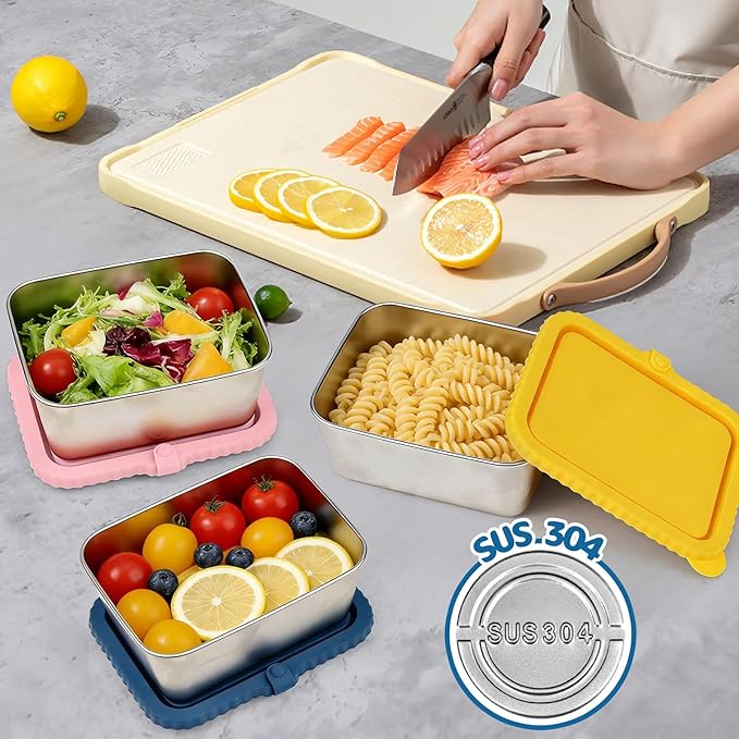 3 Pack Large Stainless Steel Snack Containers, 20oz Reusable Stainless Steel Food Containers with Silicone Lids for Meal Prep, Leakproof Metal Bento Lunch Box for Daycare, Travel, Office, Camping