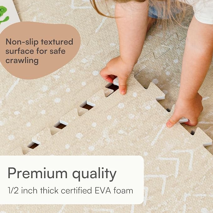 Lillefolk Baby Play Mat for Floor – 6x6ft Beige | Soft Non Toxic Premium EVA Foam Tiles for Tummy Time, Crawling & Playroom – Waterproof for Hard Floors Mat for Babies & Toddlers (9 Tiles)