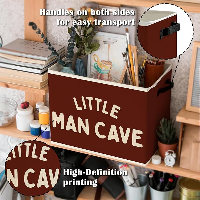 Little Man Cave Boys Storage Bins Box with Handles, Olive Red Boho Collapsible Basket Organizer for Kids Boys Playroom Nursery Room Bedroom Bathroom Toys Books Clothes