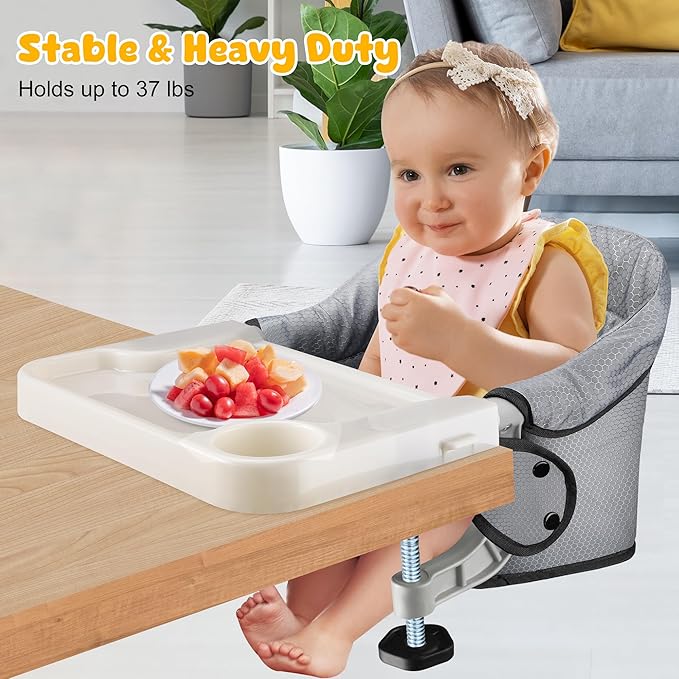 Hook On High Chair with Removable Dining Tray, Portable Travel Baby High Chair, Foldable Clip On Table Seat for 6-36 Months, Anti-Tear Fabric, Lightweight Baby Dining Chair with Carry Baby (Grey)