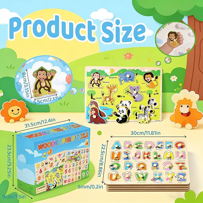 Wooden Peg Puzzles for Toddlers 1-3 – 6 Pack Toddler Puzzles, Preschool Educational Learning Puzzle Toys for Kids, Alphabet, Number, Shapes, Christmas Birthday Gifts for Boys, Girls