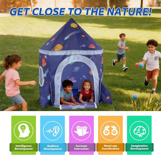 Rocket Space Ship Kids Play Tent Gift, Toddlers Playhouse Castle Toys, Baby Boys Girls Gift for 3 4 5 6 7 Year Old, Outdoor Indoor Teepee Tent