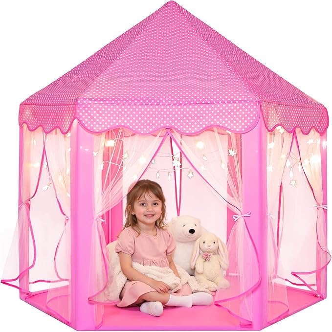 Sumbababy Princess Castle Tent for Girls Fairy Play Tents for Kids Hexagon Playhouse with Fairy Star Lights Toys for Children or Toddlers Indoor or Outdoor Games (Pink)