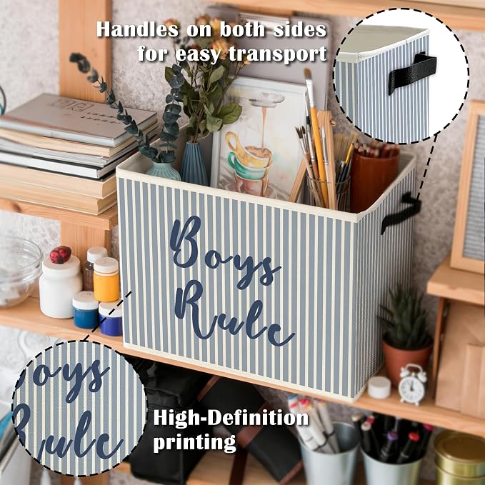Boy Nursery Storage Bins Box with Handles, Blue Striped Boys Rule Playroom Collapsible Basket Organizer for Kids Toddler Boys Room Bedroom Bathroom Toys Books Clothes