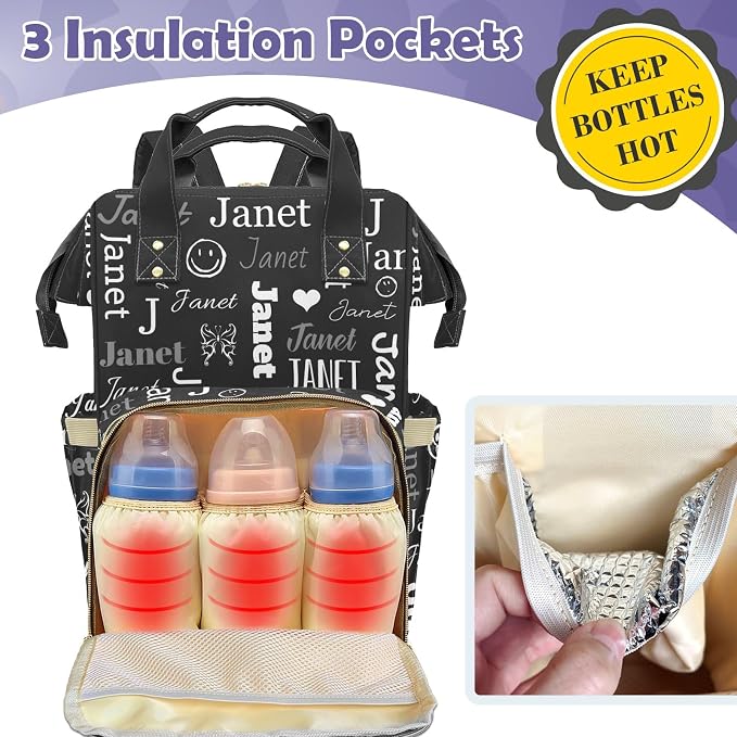 Custom Diaper Bag with Name Personalized Multifunctional Mommy Backpack for Daughter Granddaughter, Black Daypack Bag for Travel