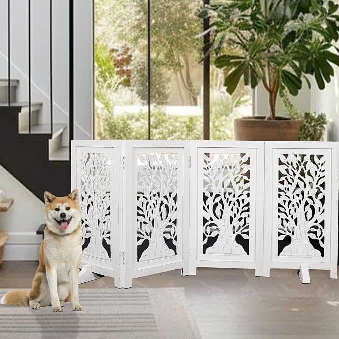 Decorative Wooden Dog Gate, 4 Panel Free Standing Folding Pet Fence, 56x28 Inch Indoor Dog Barrier for Doorway or Hallway, Sadie Design, White Antique