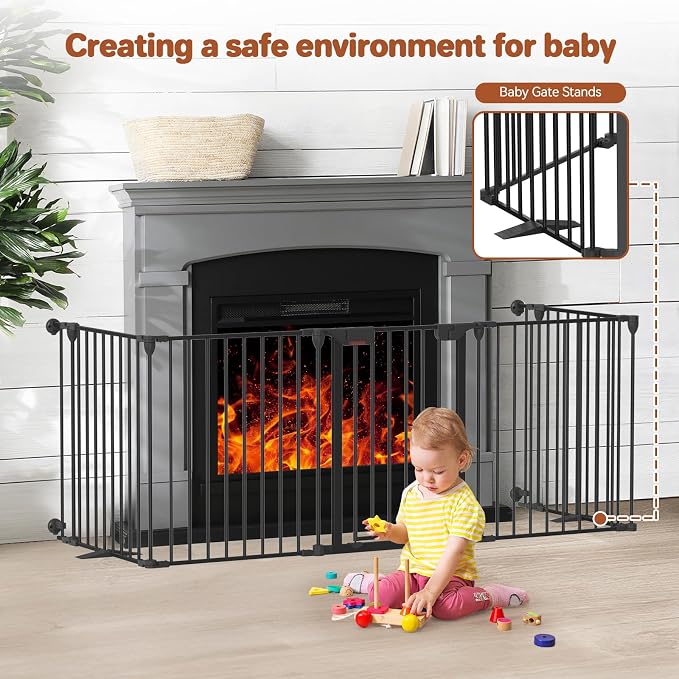 Kfvigoho Baby Gate 27.5"-129" Extra-Wide Playpen, Play Yard Child Safety Fence, Dog Gate with Auto-Close Door, Double Locking System for Fireplace, Foldable 5 Steel Panels, Black