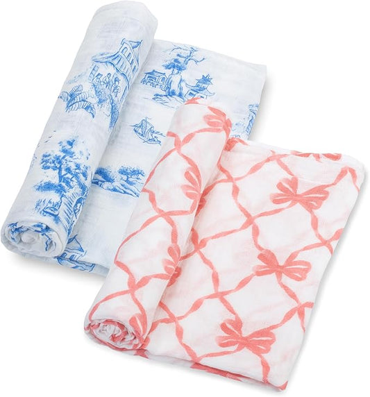 LollyBanks 100% Cotton Baby Swaddle Blankets 2 Pack, Gentle and Soft Muslin Blanket for Girls, Lightweight 47 x 47 Inches Newborn Receiving Blanket, Newborn Essential (Pink Bow and Chinoiserie)