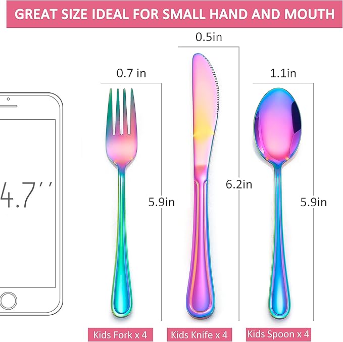 LIANYU 9-Piece Rainbow Kids Silverware Set, Stainless Steel Toddler Utensils Flatware Set, Child Cutlery Tableware for 3, Include knife Fork Spoon, Mirror Finished, Dishwasher Safe