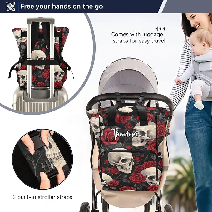 Personalized Watercolor Red Rose Skull Diaper Bag Insul Pockets Mom Dad