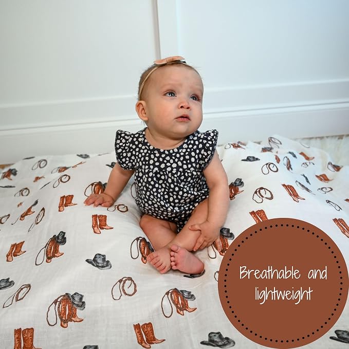 LollyBanks Baby Blanket for Boys, Large 47 x 47 Inches Soft Muslin Swaddle Blankets, 100% Cotton Breathable and Lightweight Baby Receiving Blankets, Baby Essentials, Registry (Cowboy Boot Print)