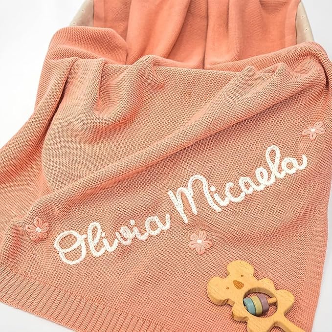 Personalized Knit Hand Embroidered Baby Name Blanket Custom Embroidery Cotton Nursery Blanket Gifts for Newborn Baby Boy and Girl Newborn Holiday Shower Gift Cotton Knit Stroller