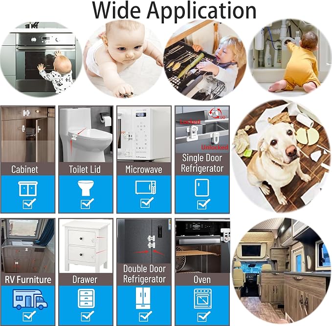 Child Safety Refrigerator Lock, No Drill Adhesive 180° Swivel 2PK | 90° Twist One-hand, fits French Freezer, Cabinet, Drawer. Renter friendly. Babyproof, Toddler & Petproof 2-pack for RV Camper