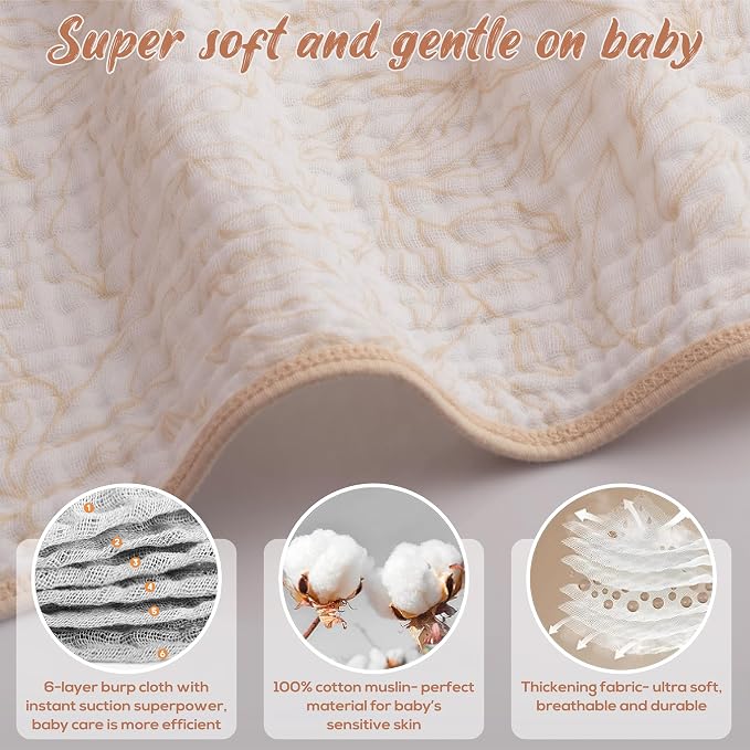 Muslin Burp Cloths, 20"x10"- Pack of 8, 6 Layers Super Soft Absorbent & Breathable 100% Cotton for Baby Drool and Messes, Burp Cloth Baby Boy and Burp Cloths Baby Girl