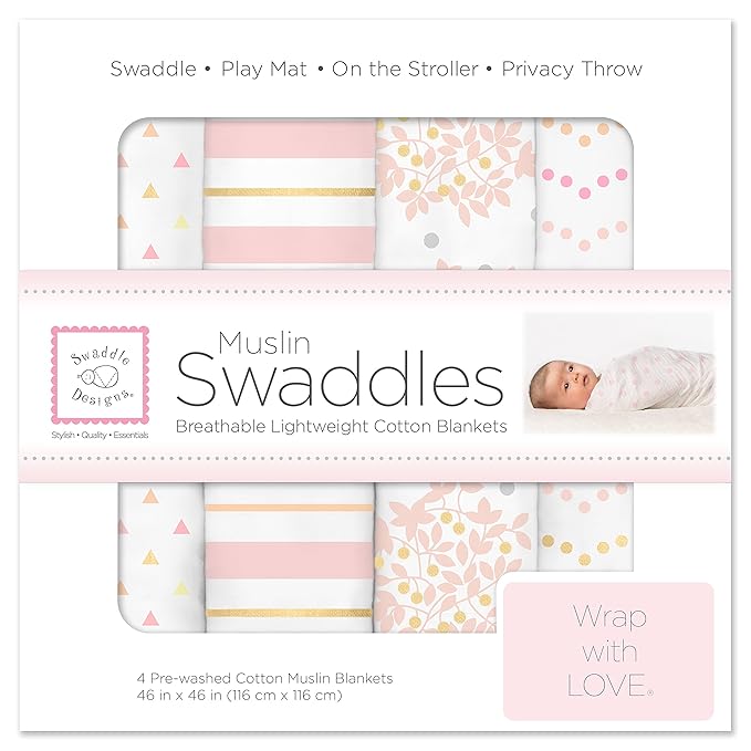 SwaddleDesigns Cotton Muslin Swaddle Blankets, Set of 4, Receiving Blankets for Baby Boys & Girls, Best Shower Gift, 46x46 inches, Heavenly Floral