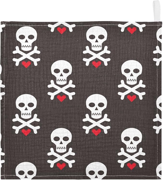 Baby Washcloths Cotton Skull Red Heart Baby Muslin Washcloths Soft Baby Face Towel for Newborn Infants Baby Wipes, 11.8 X 11.8 Inch, 3 Pack